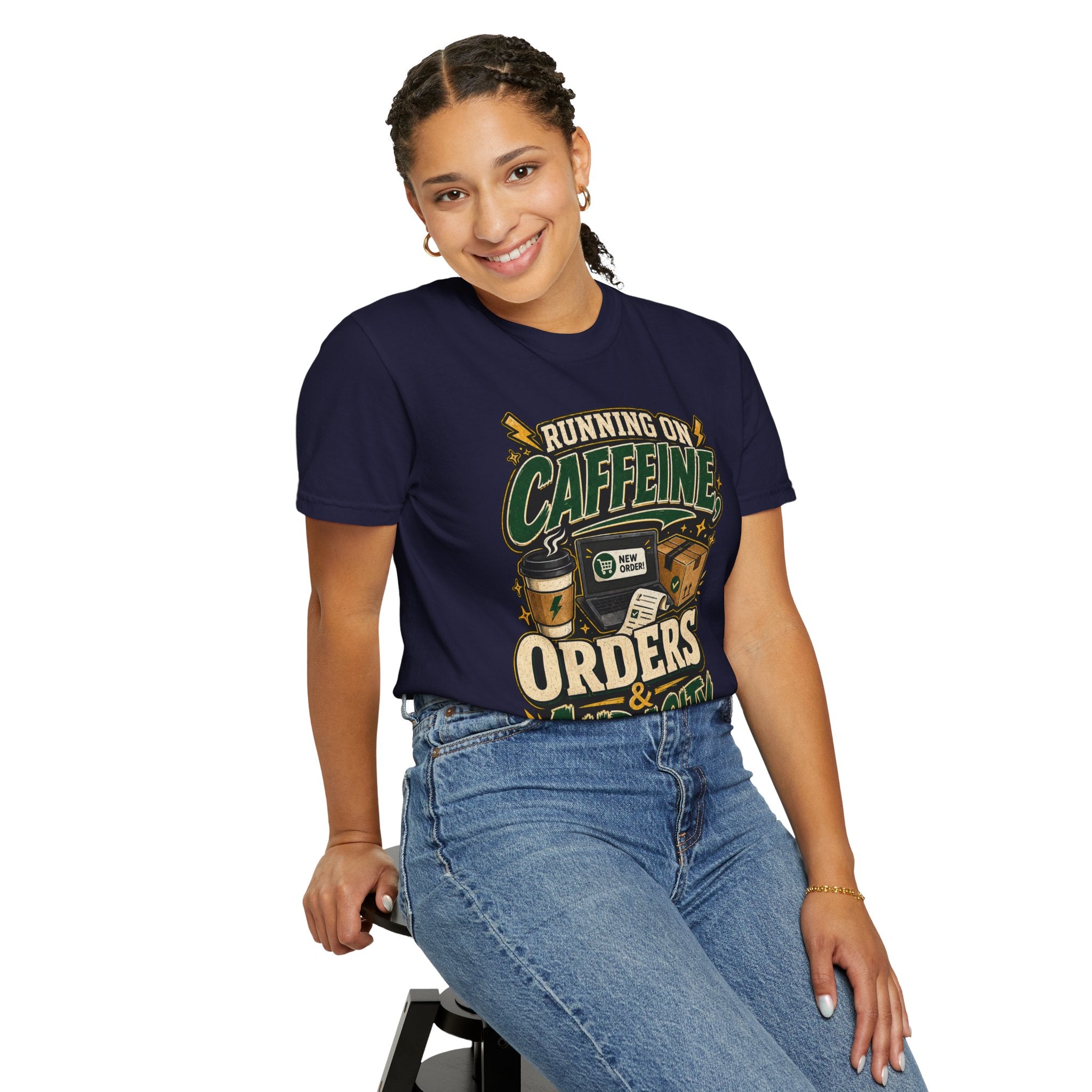 Funny Small Business Owner T-Shirt — “Running on Caffeine, Orders & Audacity” Graphic Tee