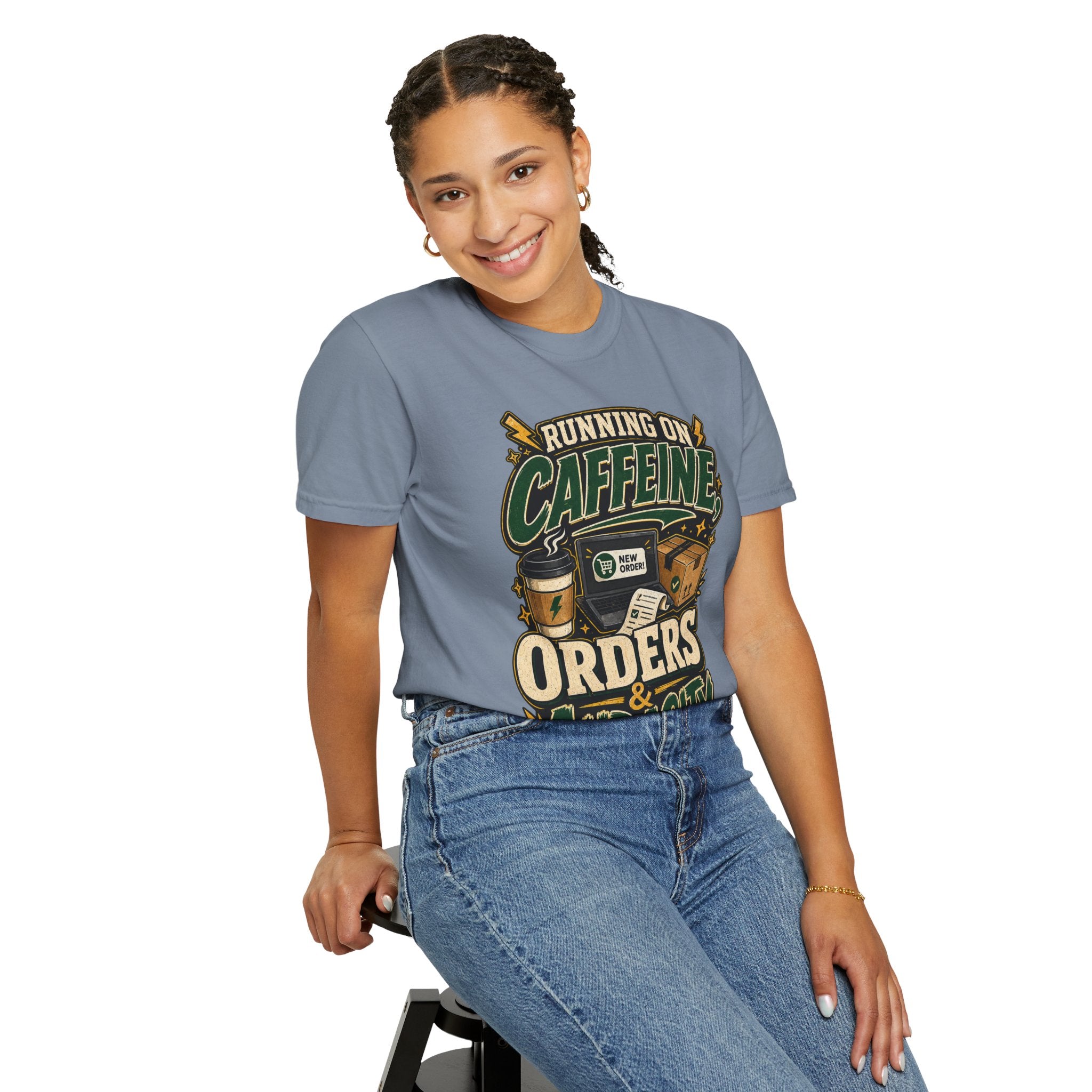 Funny Small Business Owner T-Shirt — “Running on Caffeine, Orders & Audacity” Graphic Tee