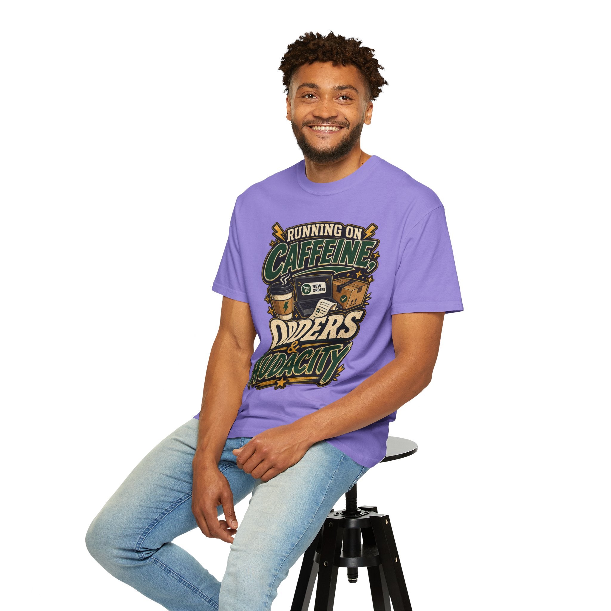 Funny Small Business Owner T-Shirt — “Running on Caffeine, Orders & Audacity” Graphic Tee