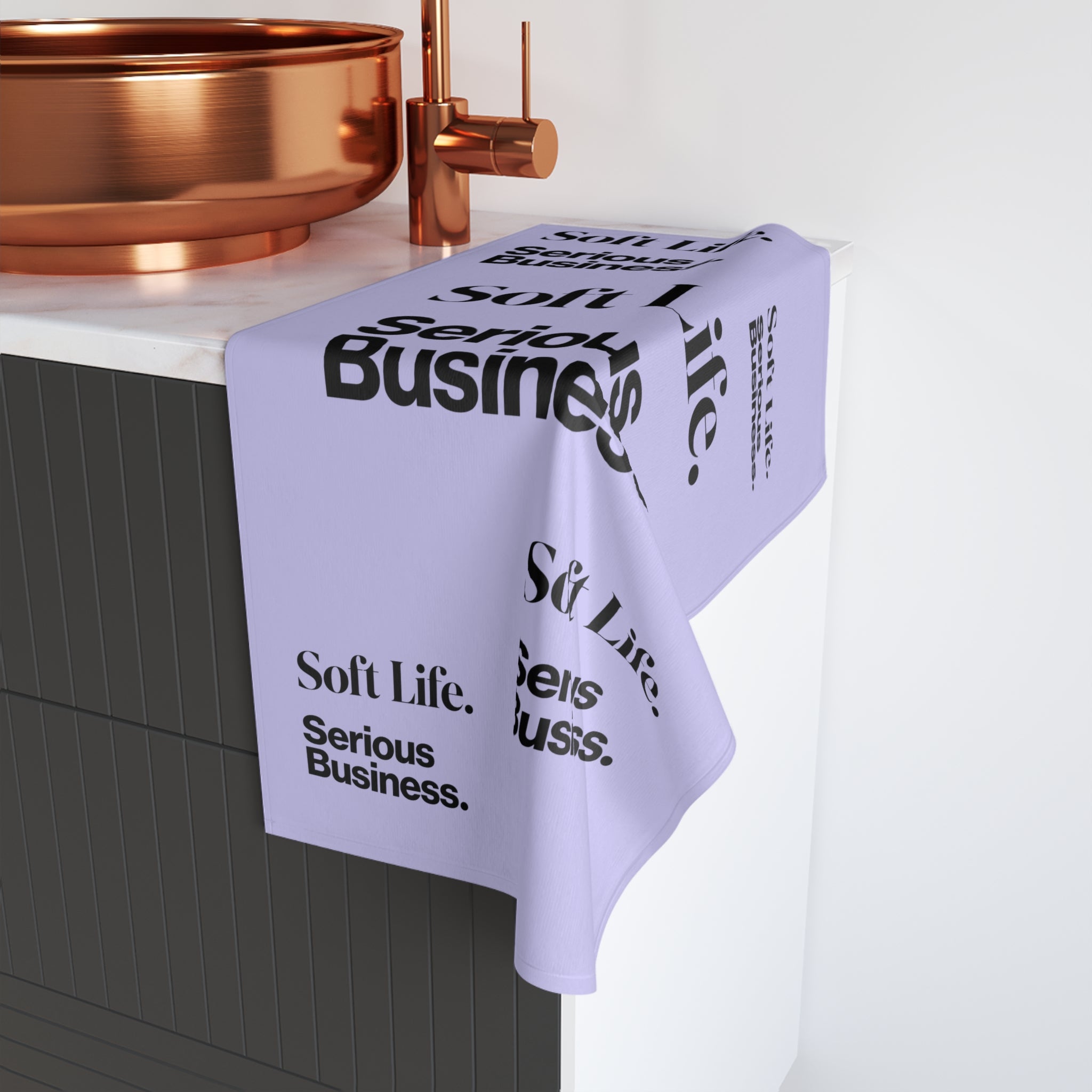 Soft Life. Serious Business. Lavender Hand Towel — Trendy Minimal Text Pattern