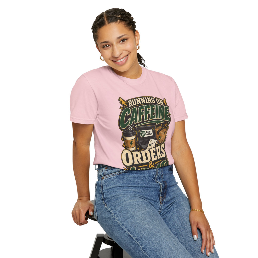 Funny Small Business Owner T-Shirt — “Running on Caffeine, Orders & Audacity” Graphic Tee