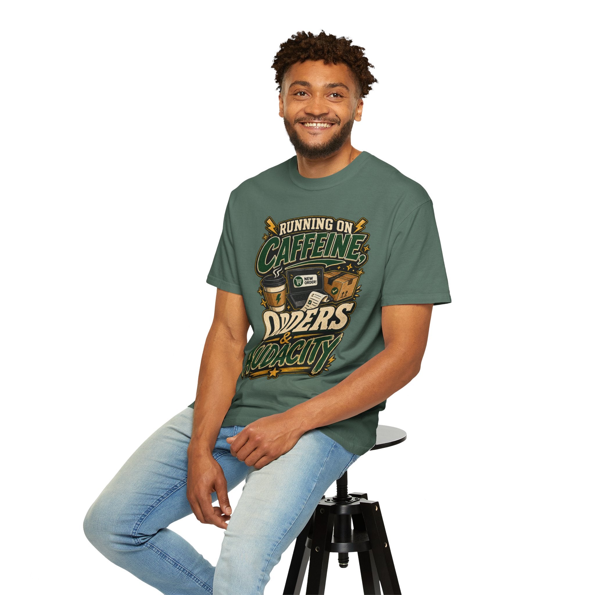 Funny Small Business Owner T-Shirt — “Running on Caffeine, Orders & Audacity” Graphic Tee