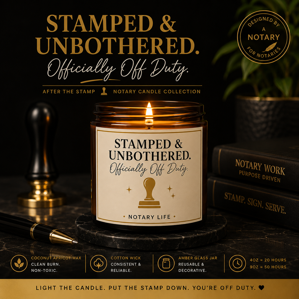 Stamped & Unbothered. Officially Off Duty. | Notary Life Scented Candle (4oz & 9oz)